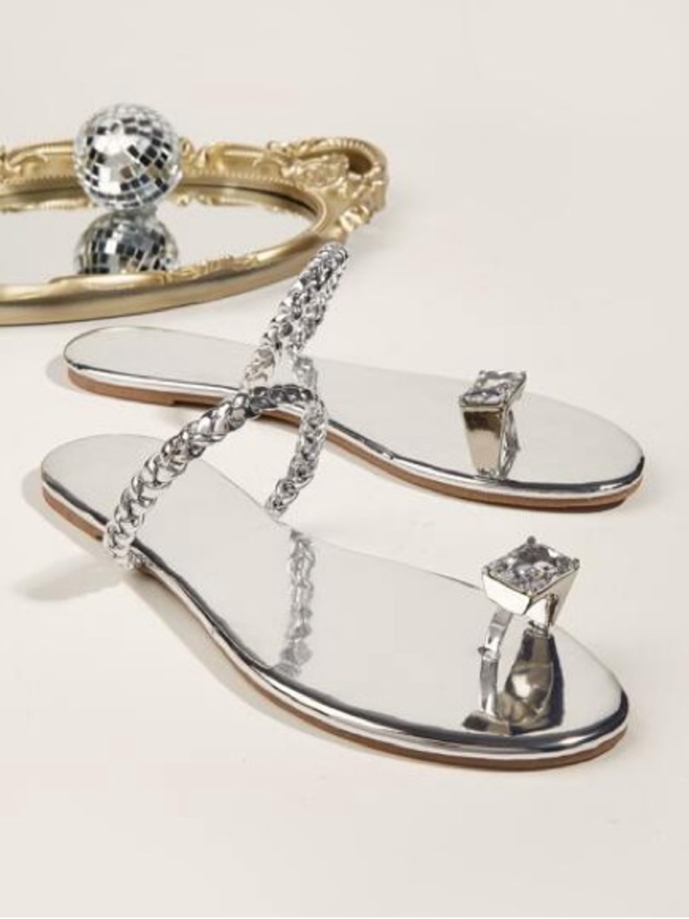 Women’s Silver Braided Toe-Ring Flat Sandals